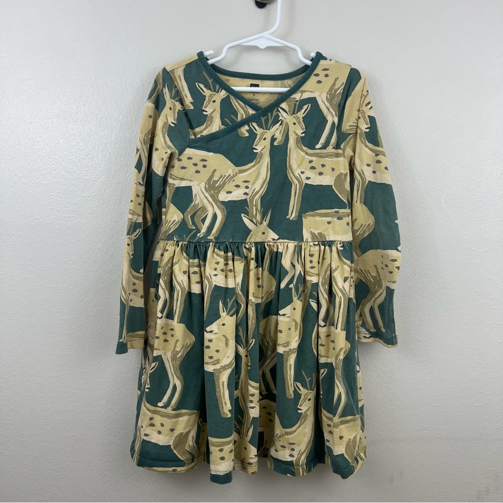 Tea Collection Green Deer Print Long Sleeve Dress Size 6